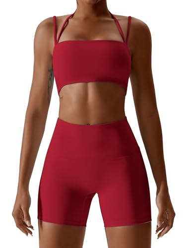 ABOCIW Workout Sets for Women Halter Bandeau Sport Bra High Waist Booty Shorts 2 Piece Gym Set Fitness Yoga Outfits Z-Cherry Red Medium