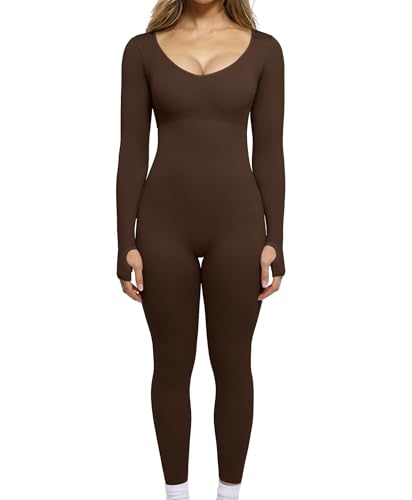 Popilush Brown Jumpsuit Long Sleeve Jumpsuits for Women Built-in Bra Ribbed U Neck Tummy Control Full Bodycon Workout Fall Outfits M