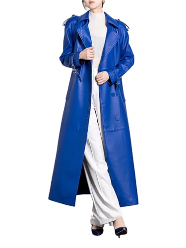 Fnfmrfmr Women Long Blue Soft Pu Leather Trench Coat With Belt Slim Fit Single Breasted Pockets Jacket blue XL