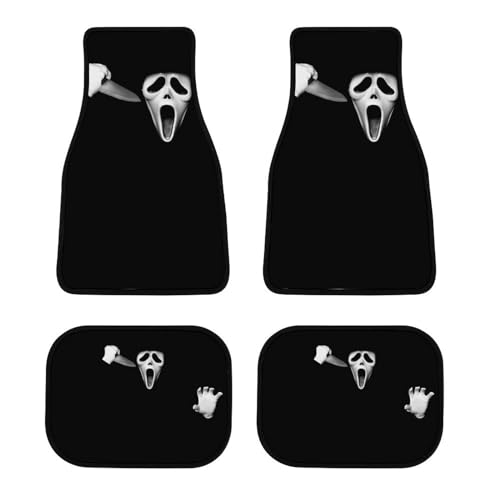 JOJOART 4 Piece Set Scream Devil Black Car Floor Mat Anti-Skid Ghost Mask Face Automotive Carpet Foot Pads All Weather Interior Accessories Decorative Universal Fit for Van Auto Truck