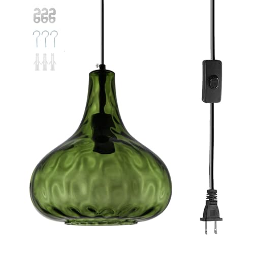 Qufute Vintage Plug in Pendant Light Fixture,Mid-Century Modern Pendant Lamp with 14.7 ft Cord Hammered Green Glass Globe Shade,Retro Plug in Hanging Light for Bedroom Living Room