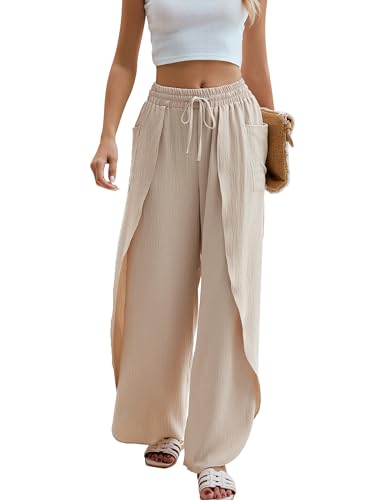 BMJL Womens Wide Leg Summer Pants Flowy Side Split Palazzo Beach Pants Boho High Waisted Trousers(M,Beige)