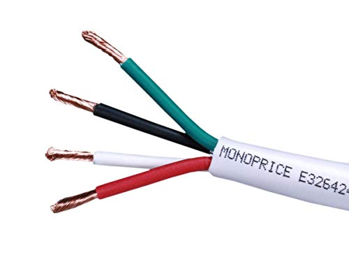 Monoprice 104041 Access Series 16 Gauge AWG CL2 Rated 4 Conductor Speaker Wire/ Cable - 100ft Fire Safety In Wall Rated, Jacketed In White PVC material 99.9% Oxygen-Free Pure Bare Copper