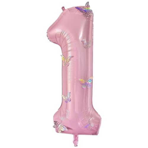 40 Inch Number Balloon Pink Large Mylar Foil Pink Number Balloons and Butterfly Decal Collocation Decorations Be Available for Birthday Anniversary Party (1)