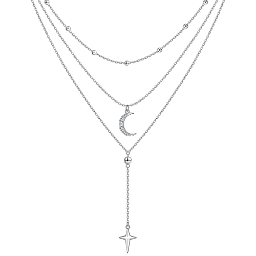 DAOSHANG Sterling Silver Layered Necklaces for Women 3 Layer Dainty Moon and Star Pendant Multilayer Long Necklace four-pointed Star Choker Chain Adjustable Moon Jewelry