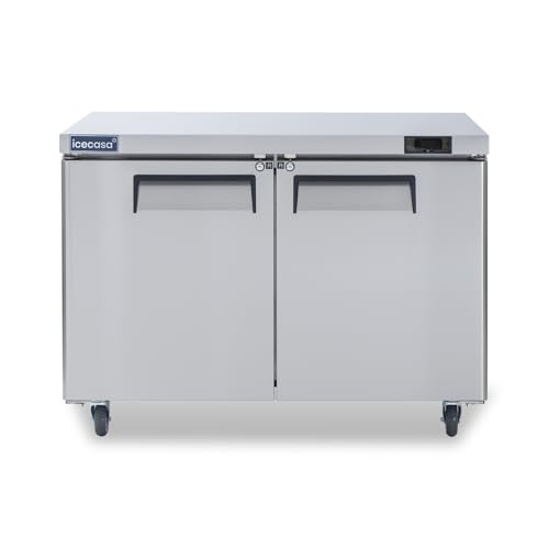 ICECASA 48" W Commercial Refrigerator Worktop Undercounter Refrigerator 2 Door Stainless Steel Counter Fan Cooling Refrigerator 13 Cu.ft for Restaurant, Bar, Shop, etc