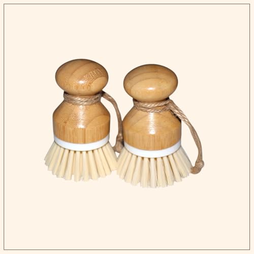 Set of 2 Eco-Friendly Non-Scratch Bamboo Kitchen Cleaning Brushes | Compact Wooden PP Dish Scrubbers with Ergonomic Handles with 2 Ropes (6.5 x 6.5 x 10 cm, 96g Each)