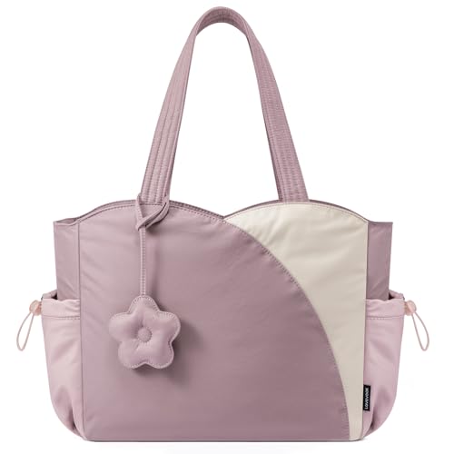 LOVEVOOK Tote Bag for Women, Puffer Tote Bag with Zipper, Work Bags for Teacher Nurse College, Handbag With Water Bottle, Teacher Tote for Travel, Daily, Pink-beige