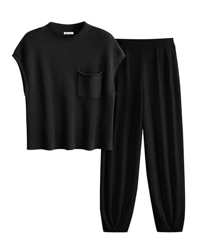 PRETTYGARDEN Womens Two Piece Outfits Sweater Sets Knit Pullover Tops And High Waisted Pants Matching Tracksuit Sweatsuit Set (Black,XX-Large)