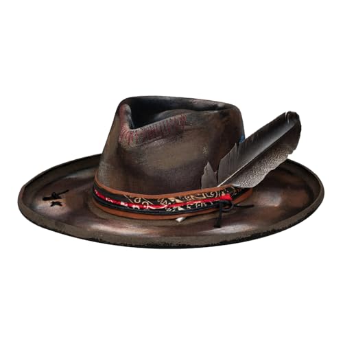 RUEDIGER Pencil Brim Hat Stiff Fedora Men's and Women's Hats,100% Wool Classic Wild Brim Felt Hat,Distressed/Burned Handmade (US, Numeric, 7 3/8, 7 1/4, Brown)