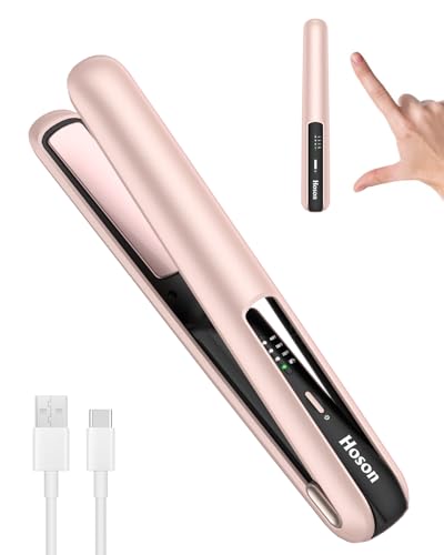 Hoson Cordless Hair Straightener,Portable Mini Flat Iron Travel for Short Hair,USB-C Rechargeable Wireless Hair Straightener and Curler 2 in 1 (Pink),for Touch Ups