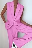 PRETTYGARDEN Women's 2 Piece Pant Suit Dressy Button Up Vest Blazer and Long Pants Set Business Casual Outfits (Pink,Medium)