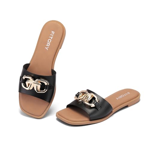 FITORY Women's Flat Sandals Fashion Slides With Soft Leather Slippers for Summer Black Size 10