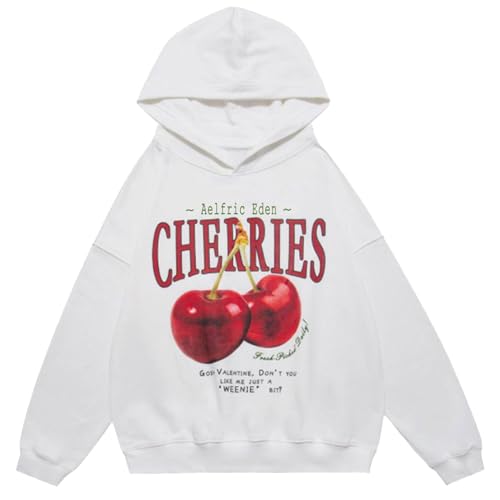 Aelfric Eden Cherry Graphic Hoodies Streetwear Hooded Sweatshirt Pullover Hip Hop Fashion Hoodies White X-Large