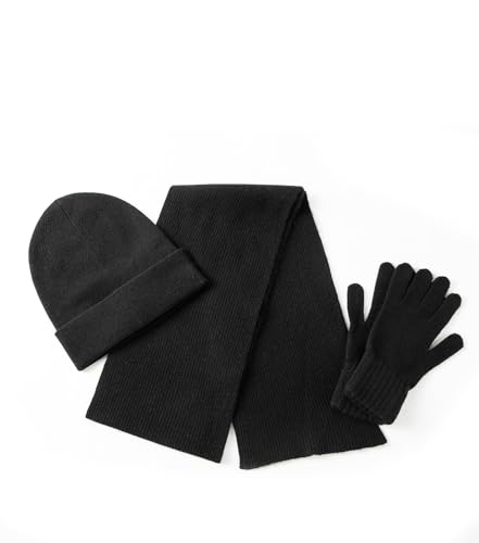 Unisex 3Pcs Cashmere Wool Scarf Hat Gloves Set, Soft Ribbed Cuffed Beanie Glove Scarves Set for Men and Women with Gift Box (Black)