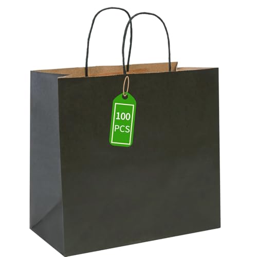 PAICUIKE 100Pcs Large Black Paper Bags with Handles, 13x7x13 Inch Gift Bags for Business, Shopping, Party, Wedding & Birthday
