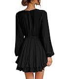 Cosonsen Womens Ruffle Dress Tie Waist Deep V-Neck Long Sleeve Swing Short Dress Black XXL