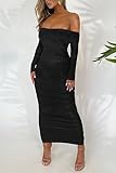 PRETTYGARDEN Women's Fall Off Shoulder Maxi Bodycon Dress Long Sleeve Ruched Fitted Club Dresses with Slit (Black,Medium)