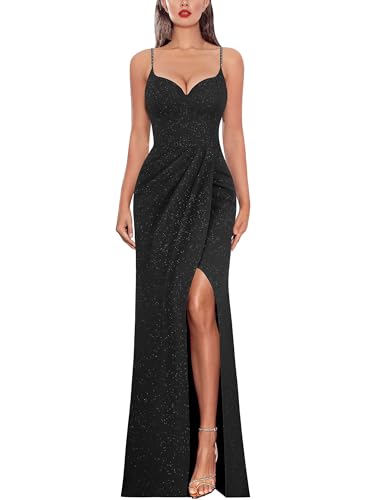 VFSHOW Womens Sexy Formal Prom Ruched Hight Slit Spaghetti Strap Maxi Dress 2024 Sweetheart Cocktail Wedding Guest Glitter Fitted Bodycon Evening Long Gown (Black, Small) 11181 BLK S