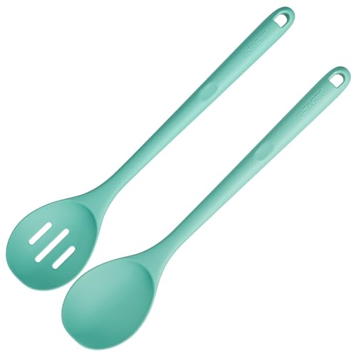 600ºF Heat Resistant Silicone Spoons: U-Taste 13.3in Solid & Slotted Kitchen Cooking Tool, Nonstick Long Rubber Utensil, Sturdy for Mixing, Serving, Stirring, Frying, Basting (Aqua Sky, 2PCS)