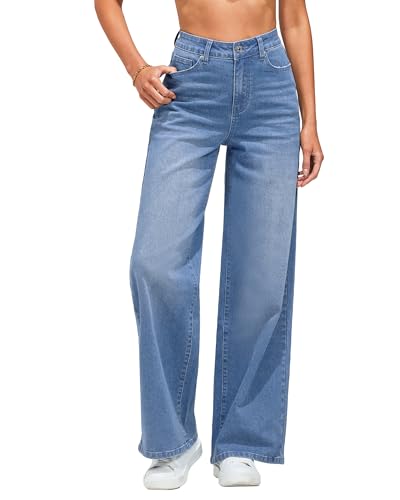 GRAPENT Pantalones De Mujer Wide Leg Trousers Work Jeans Dark Wash Jeans Women Pants for Womens Fashion High Waist Wide Leg Jeans for Women Color Cool Blue Large Size 12 Size 14