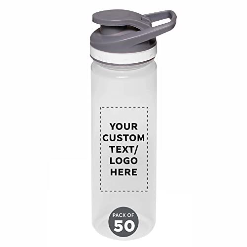 DISCOUNT PROMOS Custom Sports Water Bottles 22 oz. Set of 50, Personalized Bulk Pack - Reusable, Leak proof, With lids - Clear