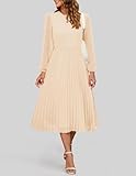 ZESICA Women's Fall Long Sleeve Dresses 2025 Casual Crewneck Chiffon Swing Pleated A Line Cocktail Party Midi Dress,Apricot,Medium