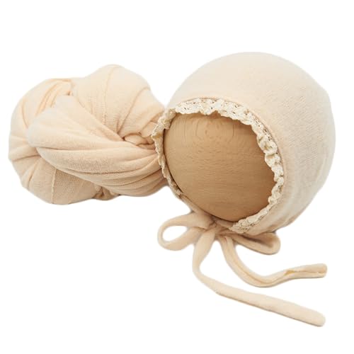 Newborn Photography Wrap Prop Newborn Photoshoot Outfits Ruffle Bonnet Baby Girl Boy Photo Lace Edge Hat Set (Bonnet and Wrap, Beige)