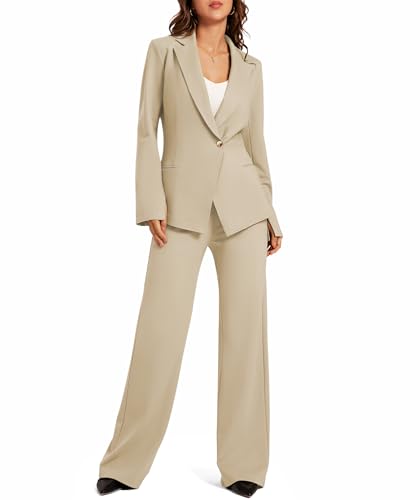 Casly Lamiit 2 Piece Outfits for Women Dressy Casual Asymmetrical Blazer Suit High Waisted Pants Matching Sets Airplane Travel Classy Loose Fit Work Clothes Beige L