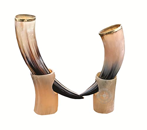 Set of Two Antique Style Horn Drinking Horn Mug with Stand Viking Style Beer Wine Mead Mug Wedding Gift