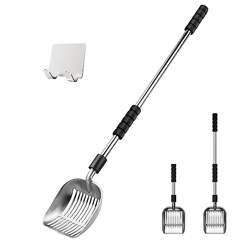 Depets Cat Litter Scoop, Metal Litter Scooper with Deep Shovel, Detachable Long Handle Cat Litter Sifter with Holder, Large Durable Cat Litter Shovel with Foam Pad Grip for Easy Sifting