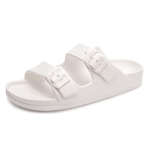 FUNKYMONKEY Women's Comfort Slides Double Buckle Adjustable EVA Flat Sandals (8 M US-Women, White)