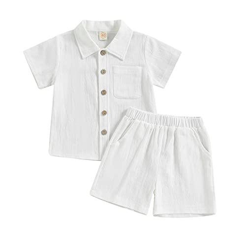 Hoanselay Baby Boy Cotton Linen Shorts Set Solid Color Short Sleeve Button Down T-shirt Tops and Shorts Summer Outfit Clothes (White Shorts Set, 7-8 Years)