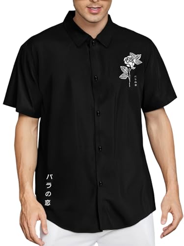 OYOANGLE Men's Graphic Print Japanese Letter Short Sleeve Button Down Shirt Top Black M