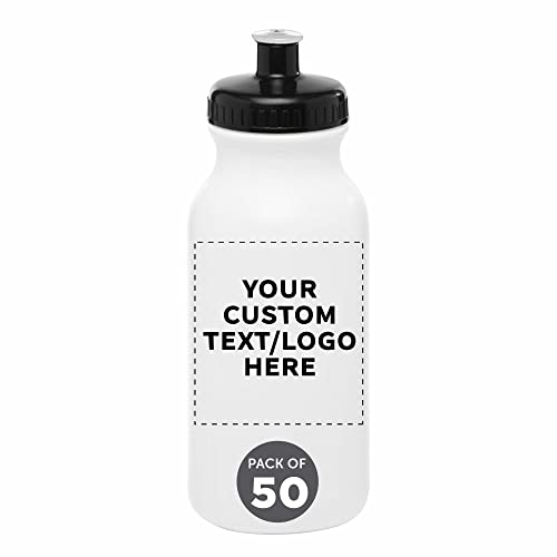DISCOUNT PROMOS Custom 20 oz. Water Bottles with Push Cap Set of 50, Personalized Bulk Pack - Perfect for Gym, Hiking, Camping, Outdoor Sports - White