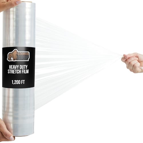 GORILLA GRIP 500% Stretch Film Heavy Duty Plastic, 1200ft Shrink Wrap Roll 17" Puncture Resistant, Industrial Strength for Shipping, Pallet Storing, Moving, Packing Furniture Protection 1 Pack Clear