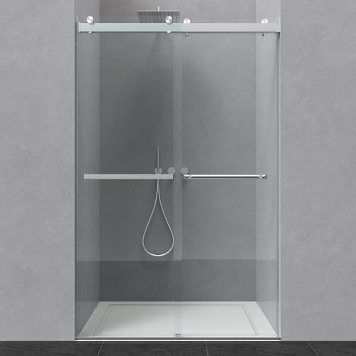 ENSO SENKA 44-48” x 76” Frameless Shower Door, 5/16" (8mm) Clear SGCC Tempered Glass, Bathroom Dual Sliding Shower Doors, Brushed Nickel