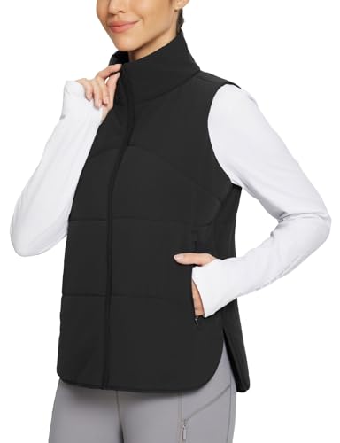 BALEAF Women's Lightweight Puffer Vest Running Sleeveless Jacket with Pockets Fall Winter Warm Stand Collar Fleece Golf Vests Black L