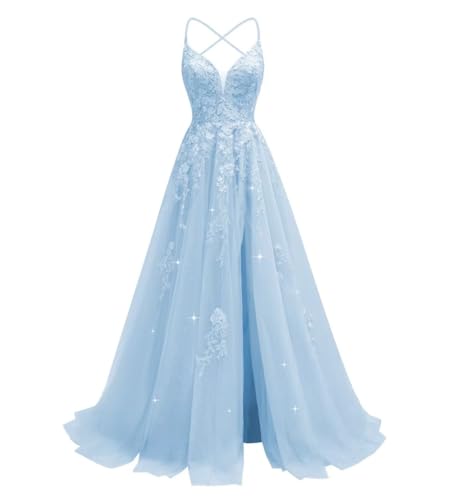 Tulle Lace Appliques Prom Dresses Long Ball Gown for Women Spaghetti Straps Corset Backless Evening Dress-Size 10, Sky Blue