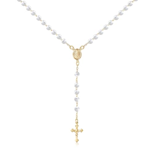 Barzel 18K Gold Plated Rosary Beaded Necklace, Virgin Mary Guadalupe Necklace, 18 Inches with 2 Inch Extension, Waterproof, Tarnish Free, Made in Brazil (Pearl)