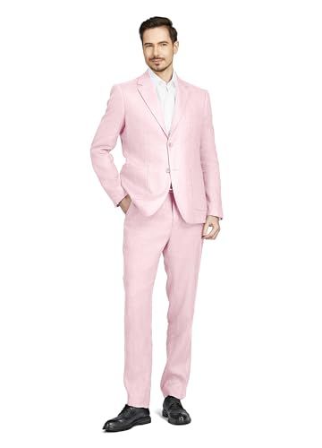 1PA1 Men's 2 Piece 100% Linen Slim Fit Suit Two Buttons Suit Jacket Blazer & Suit Pants Set Solid Business Suits (31008 Pink L)