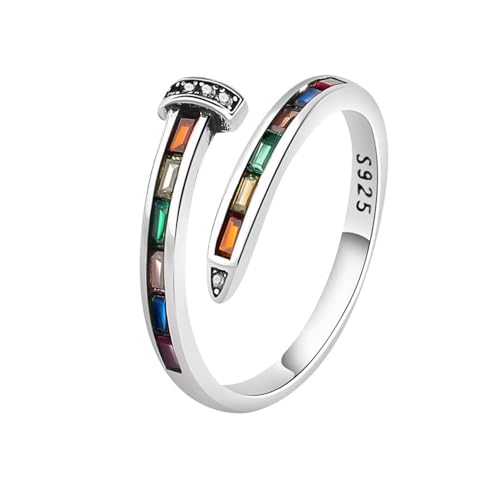 925 Sterling Silver Rings Colorful Cubic Zirconia Rings for Women Exquisite Stackable Ring Fashion Adjustable Rings for Women Spoon Statement Band Jewelry Gift for Birthday (Color 7)