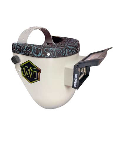 Chopped Teal Black Floral Leather Top Pipeliner Welding Helmet, Slim Cut Bottom with Aluminum Fasteners, High Visibility HD Gold Coated Lens & Flip-Front Adapter