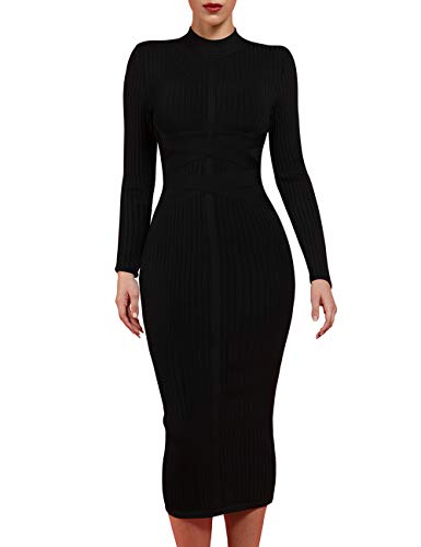 whoinshop Women's Cross Strap Ribbed Bandage Long Sleeve Midi Fall Winter Bodycon Party Dress (L, Black)