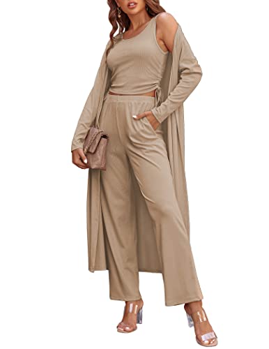 Ekouaer Women's 3 Piece Knit Lounge Set Pajama Long Sleeve Cardigan Sleeveless Top Pants SweatsuitKhakiMedium