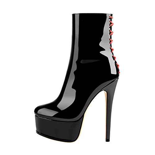 LISHAN Platform Sky High Heel Mid Calf Boot for Women Round Toe Stiletto Thin Heel Pull on Ankle Boots Zipper Party Prom Shoes PU Black Size 12