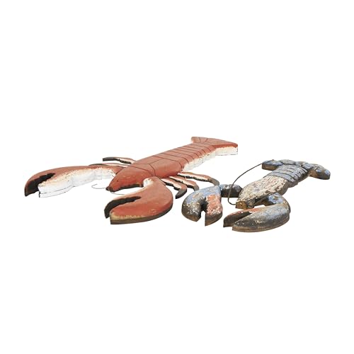 Deco 79 Wood Lobster Handmade Decorative Sculpture Distressed Home Decor Statues with Blue and White Accents, Set of 2 Accent Figurines 26", 20"H, Red