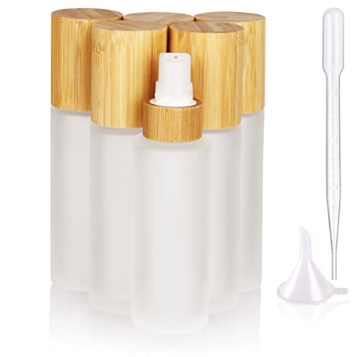 COSIDEA 6 pcs Empty 2oz / 60ml bamboo lids Frosted glass bottle with lotion pump dispenser, refillable emulsion cosmetic cream bottles, toiletries refill travel container