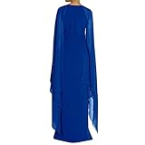 MAYFASEY Women's Elegant High Split Flared Sleeve Long Formal Evening Gown Dress with Cape Blue L