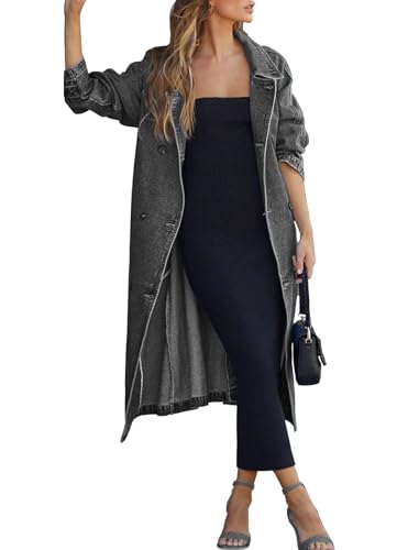 MJFCS YAENH Women's Vintage Notched Collar Double Breasted Over Knee Midi Long Denim Jacket Trench Coat with Belt(Black,S)